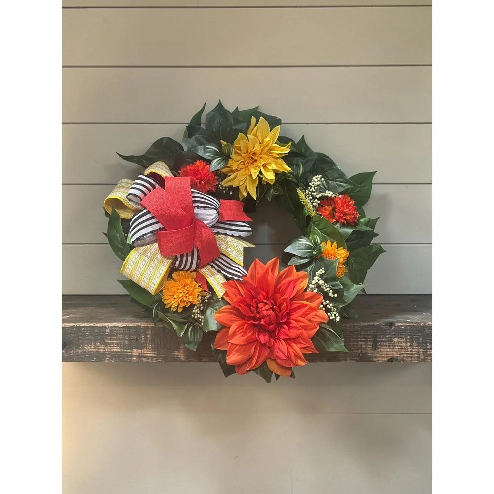 Handmade Year-Round Wreath: Greenery, Orange &yellow Door Decor